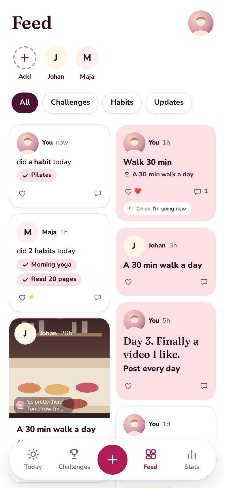 The feed in Poppy Habits with check-ins from friends
