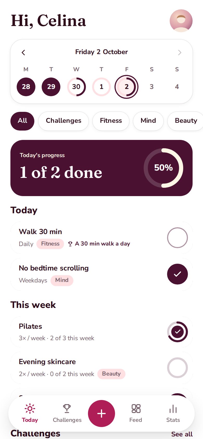 The Today screen in Poppy Habits: this week, today's progress and the habits to tick off